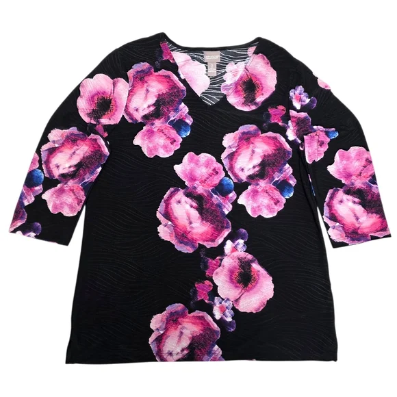 Chico's Black And Pink Floral Top 3/4 Sleeves Size 2 (Large) - Picture 6 of 10